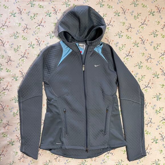 Nike Therma-FIT Hooded Jacket Women Large Gray Blue Warm Zip-Up Quilted Training - Picture 1 of 8